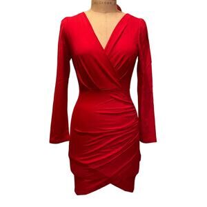 Sarin Mathews Deep V Neck Ruched Bodycon Long Sleeve Mini Dress Red NWT Size XL